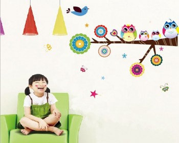 Colorful Owls Family and Butterflyies Vinyl Wall Decals Nursery Sticker